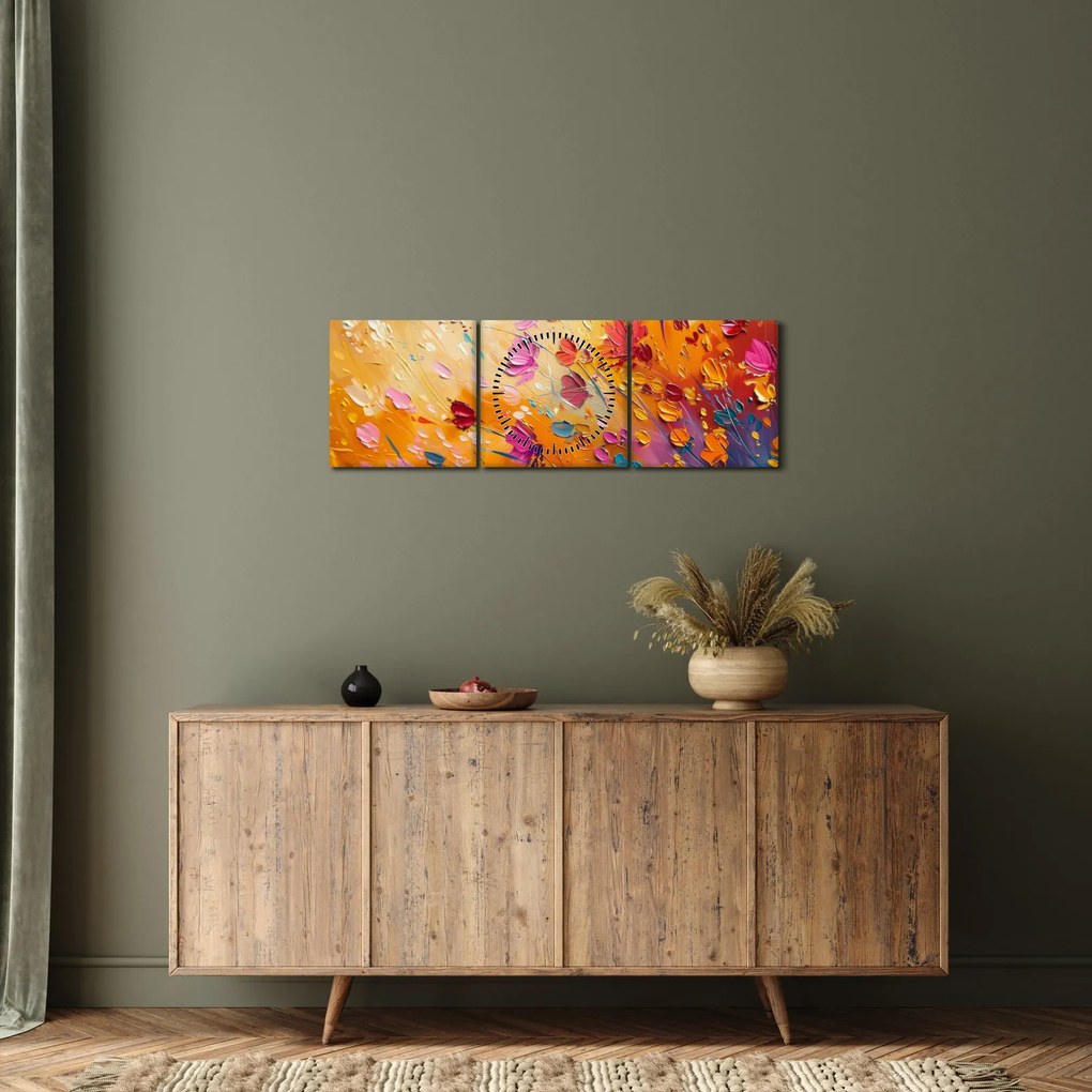 Obraz - Malowanie kolorowych kwiatów (z zegarem) (90x30 cm)