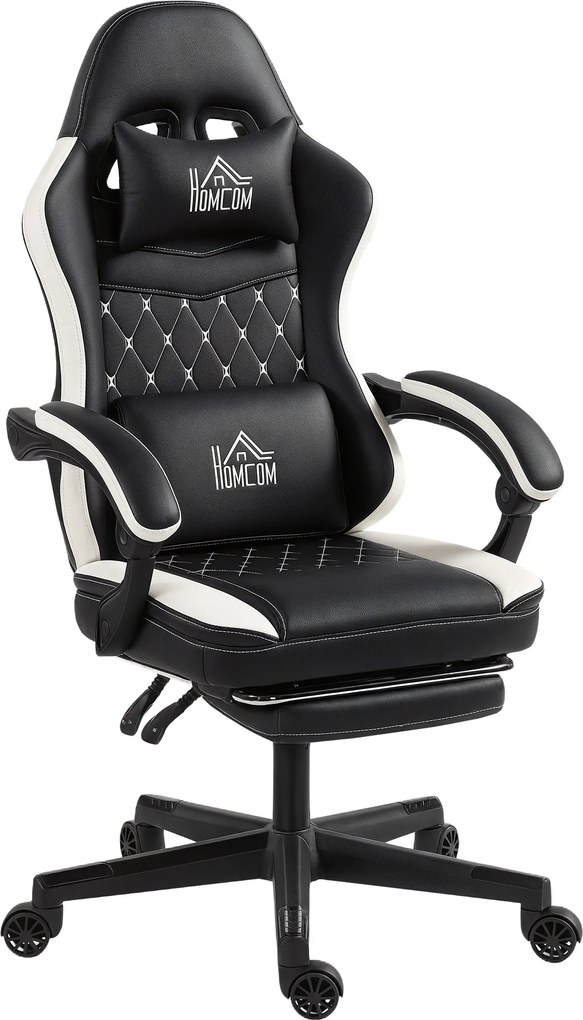 HOMCOM Fotel Gamingowy z Podnóżkiem, Fotel komputerowy z Poduszką i Książeczką, Skórzany Pokrowiec, Obrotowy, Wysokość Regulowana, Metal, Plastik, Czarny+Biały