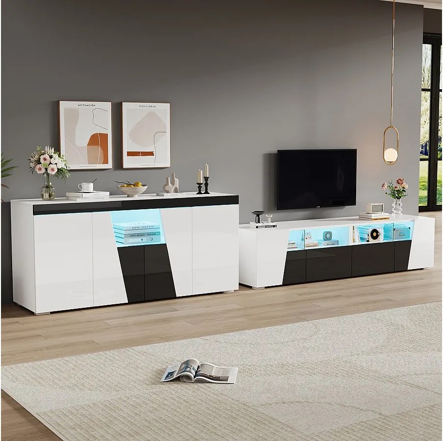 Szafka RTV połączona z kredensem - szafka RTV lakierowana na wysoki połysk + niska szafka pokojowa - z diodami LED - płyta wiórowa - biała