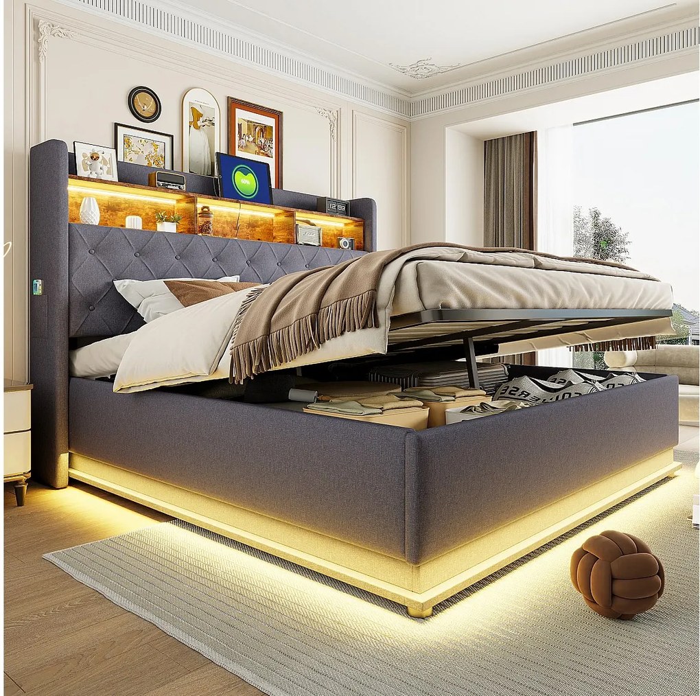 Łóżko z pojemnikiem 180 x 200 cm i zagłówkiem ze schowkiem - ładowanie USB i diody LED - tkanina lniana - szary