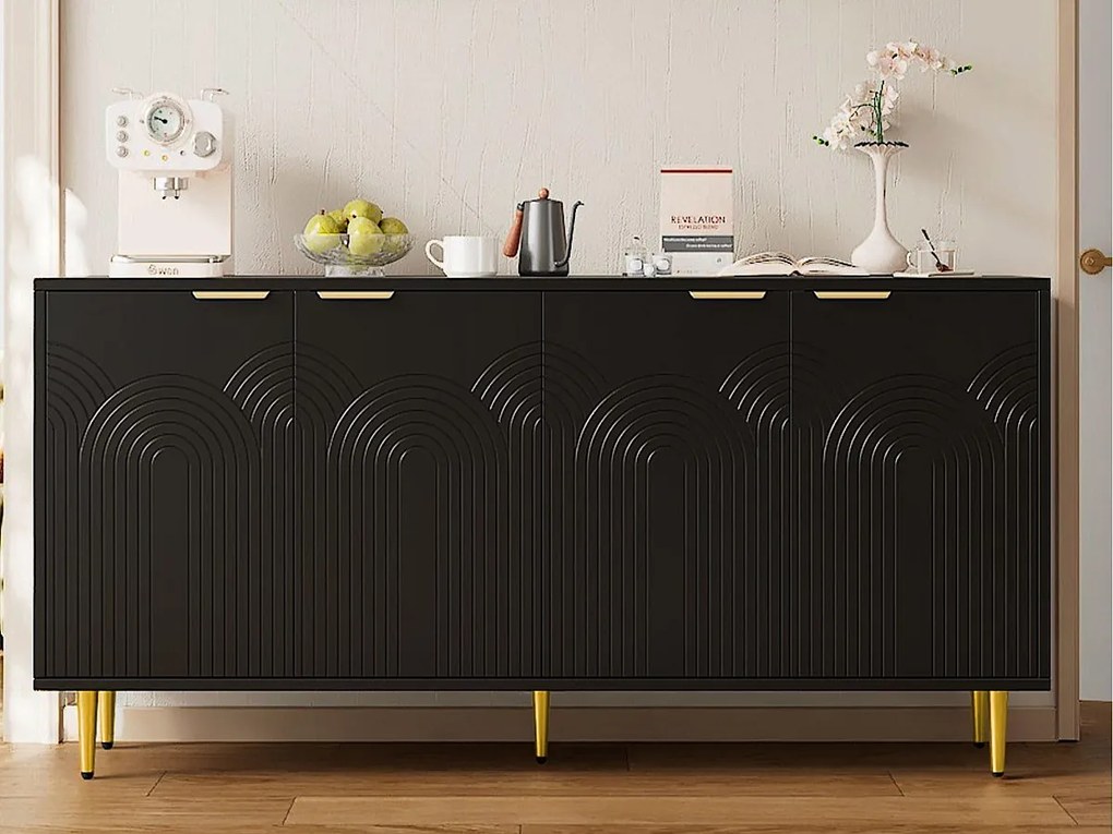 Nowoczesny kredens 160x40x80 cm – z 4 drzwiami – metalowe nogi – płyta wiórowa – czarny