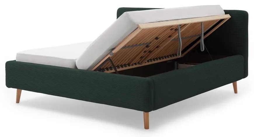 Ciemnozielone tapicerowane łóżko dwuosobowe ze schowkiem i stelażem 160x200 cm Mattis Cord – Meise Möbel