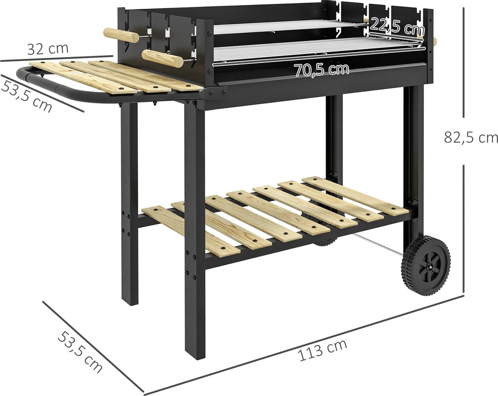 Outsunny Grill węglowy z dwoma rusztami, półką, uchwytem do BBQ, metalowy, czarny, 113 x 53,5 x 82,5 cm