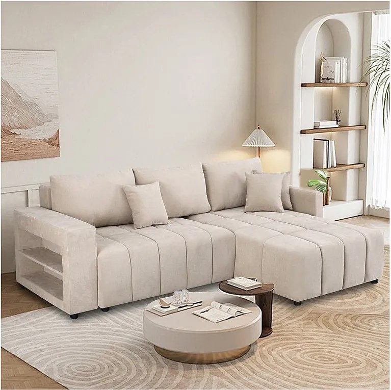 3-osobowy narożnik rozkładany z tkaniny szenilowej - „Trocadero” - Beżowy