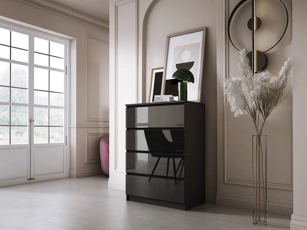 Komoda z 4 szufladami, czarny matowy / czarny błyszczący, 70 x 39 x 101 cm