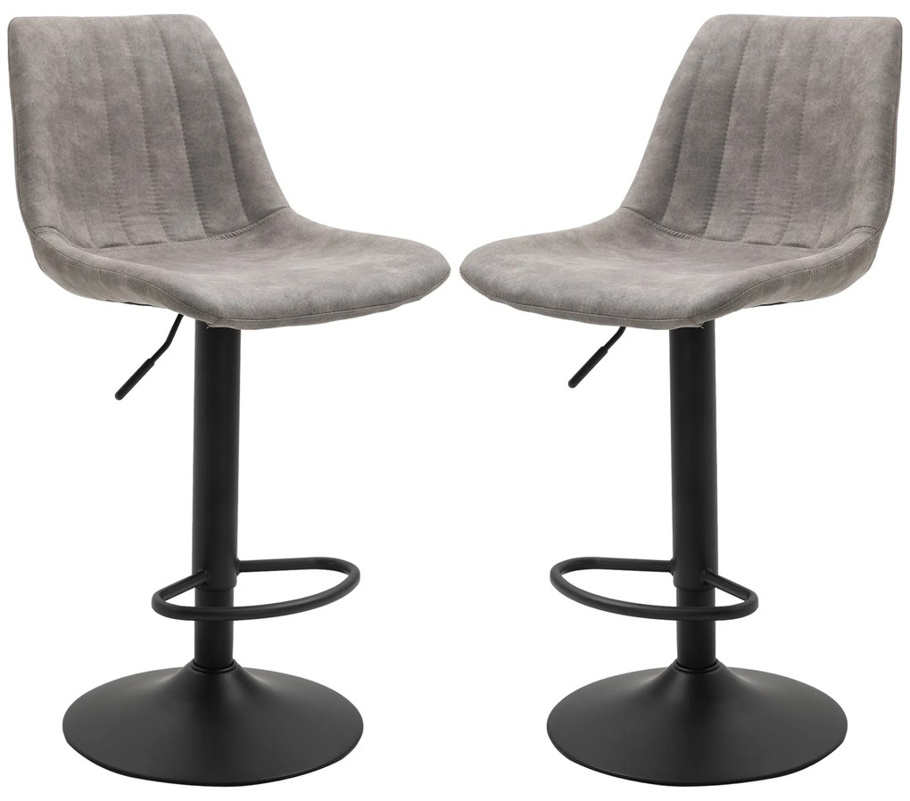 HOMCOM Zestaw 2 stołki barowe w stylu retro, z podnóżkiem, regulowane wysokość, gazowy podnośnik, Szary + Czarny