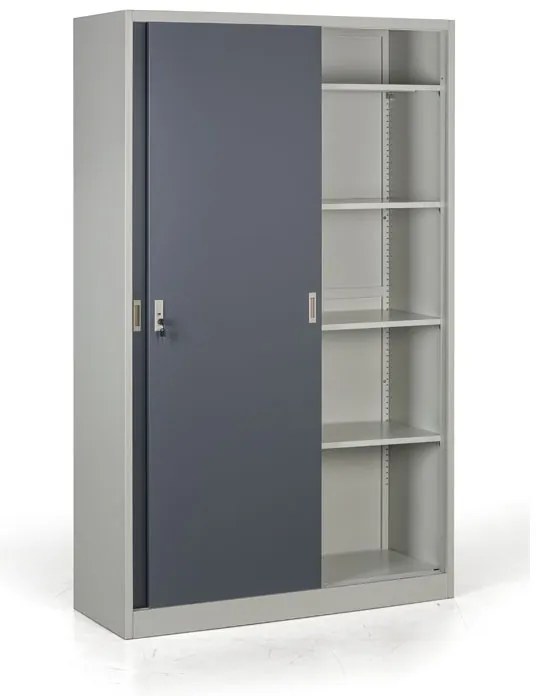 Metalowa szafa z przesuwnymi drzwiami, 4 półki, 1200 x 1990 x 450 mm, ciemnoszary