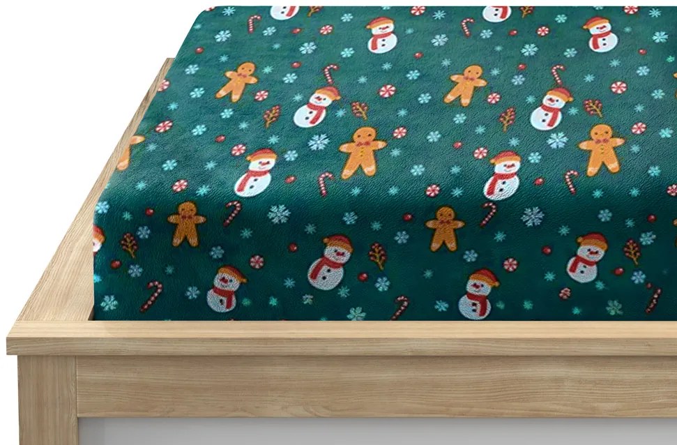 PrzytulneMieszkanie.pl Prześcieradło z mikropluszu SNOWMAN AND GINGERBREAD 160x200 cm zielone