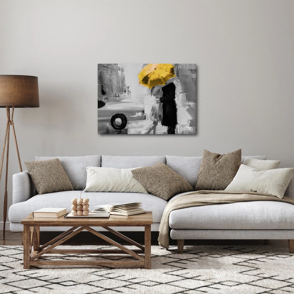 Obraz - Zakochana para pod parasolem, żółty (70x50 cm)