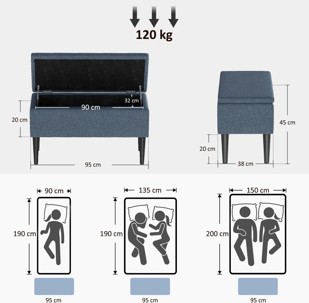 HOMCOM Ławka tapicerowana z miejscem do przechowywania, Wygląd kaszmiru, do 120 kg, Stelaż drewniany, 95 x 38 x 45 cm, Niebieski
