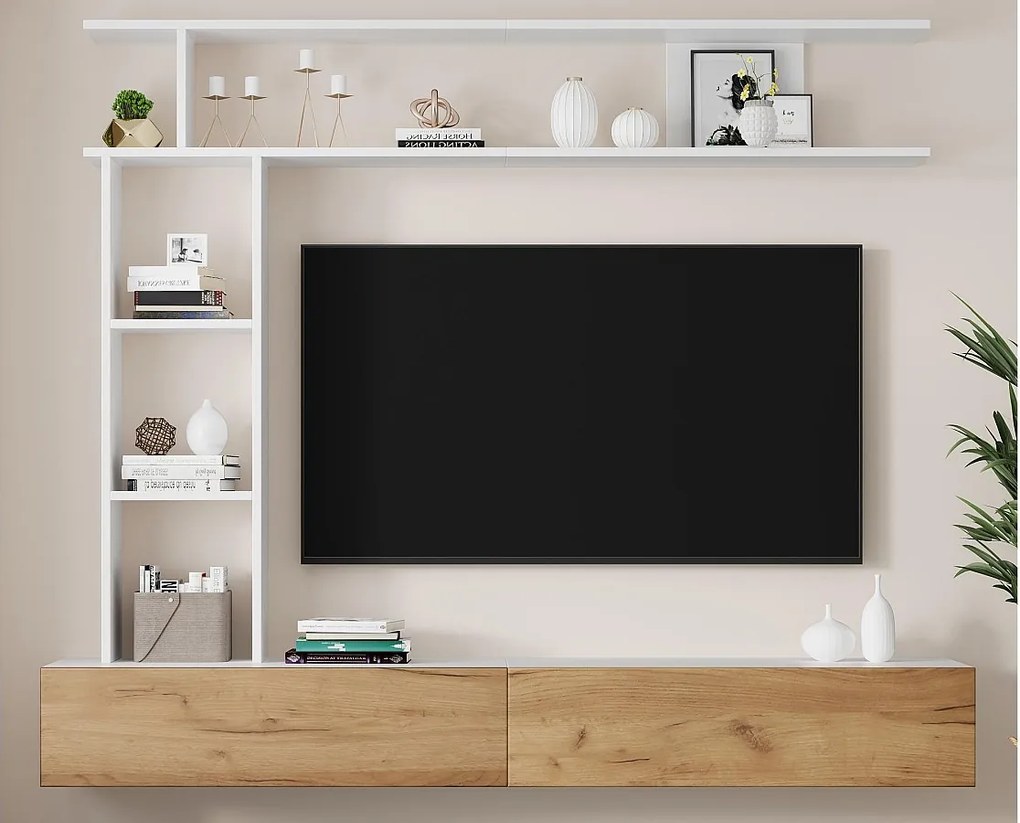 Zestaw mebli TV 3-częściowy – meble TV + półka pionowa + półka ścienna – 2 drzwi odchylne - biały i naturalny