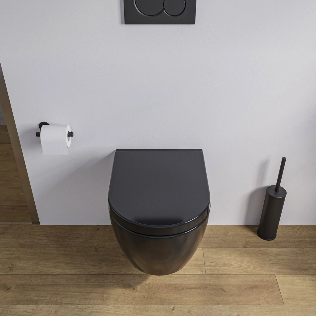 Miska WC wisząca bezrantowa NANO NT2038Czarny błyszczący z miękko zamykającą się pokrywą - wersja krótka