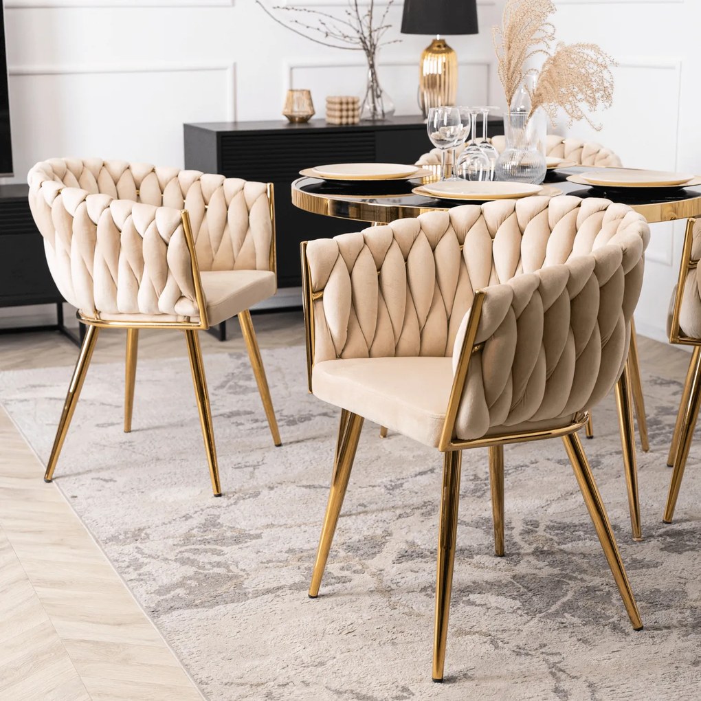 Krzesło Tapicerowane Plecione do Salonu CAPI Kremowe Welurowe do Toaletki Nowoczesne Glamour