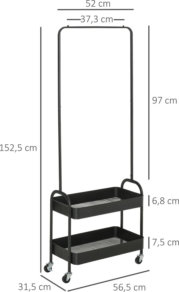HOMCOM Metalowy wieszak na ubrania z półką na buty, na kółkach, wolnostojący, Czarny