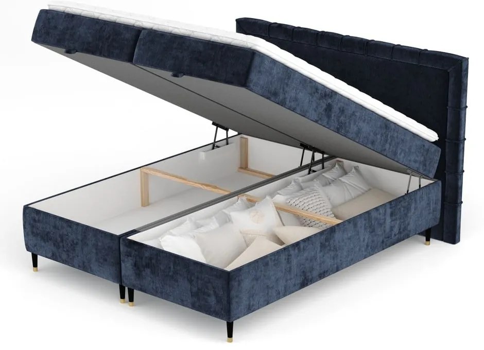 Ciemnoniebieskie łóżko boxspring ze schowkiem 180x200 cm Voyage – Maison de Rêve
