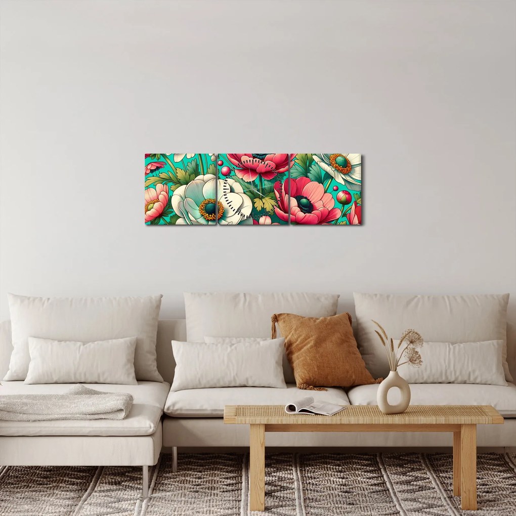 Obraz - Kwiaty na niebieskim tle (z zegarem) (90x30 cm)