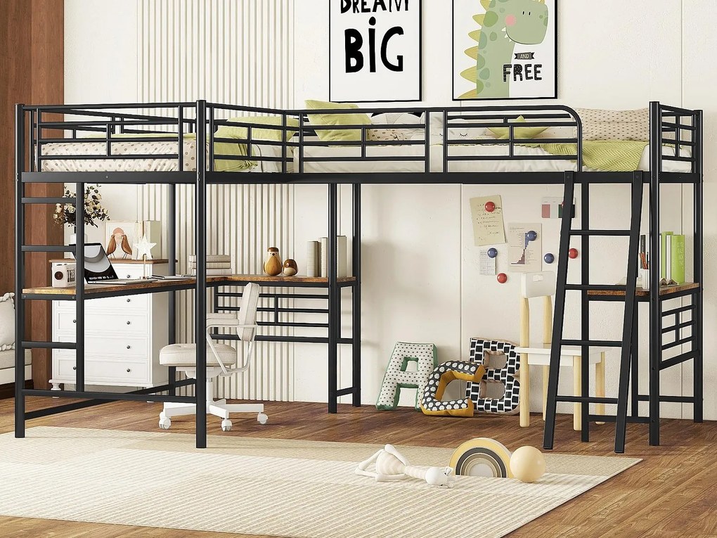 Łóżko na antresoli - 2 łóżka 90x200 cm - 2 biurka pod łóżkiem - Czarne