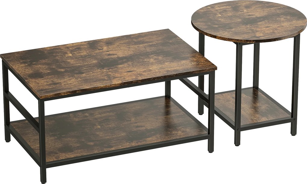 HOMCOM Zestaw stolików kawowych, 2-częściowy, stolik prostokątny i okrągły z 2-poziomowym miejscem do przechowywania, rustykalny brąz | Aosom PL