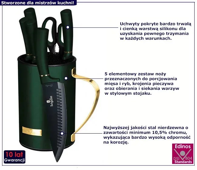 Zielony zestaw noży kuchennych ze złotymi akcentami S5-C73