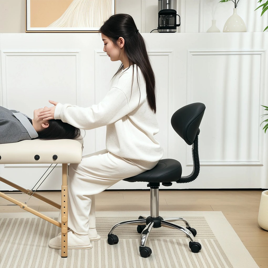 HOMCOM Hoker z regulowanym siedziskiem 51-67 cm i oparciem, do studia masażu, tatuażu, kliniki, SPA, Czarny