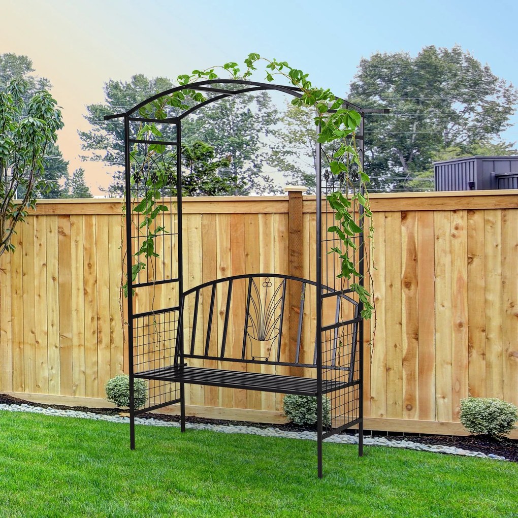 Outsunny Łuk Ogrodowy z Ławką Metalowa Brama Pergola Kratka dla Roślin Wspinających Czarny 152x58x207cm | Aosom PL
