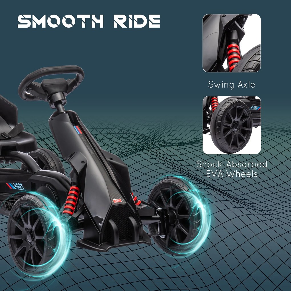 HOMCOM Gokart dla dzieci z regulowanym siedzeniem, pojazd na pedały, gokart z hamulcem ręcznym, 3-8 lat, zabawa na świeżym powietrzu, Czarny
