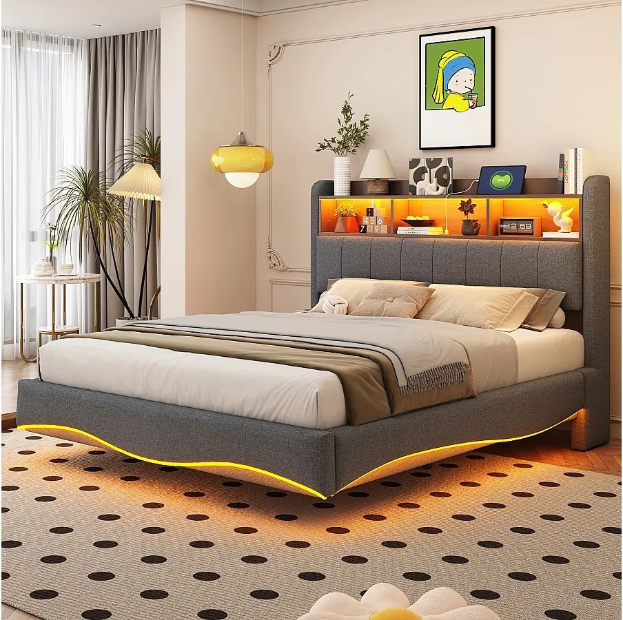 Łóżko podwójne 140x200 cm, szary len, łóżko dla dorosłych z oświetleniem LED i portami USB/Typ-C, zagłówek ze schowkiem