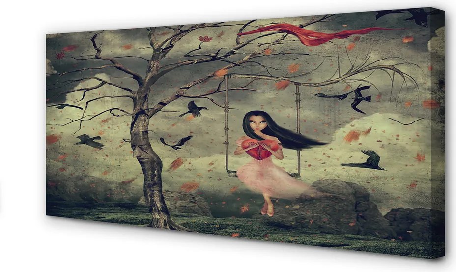 Obraz na płótnie Drzewo, Ptaki i Dziewczynka na Skale