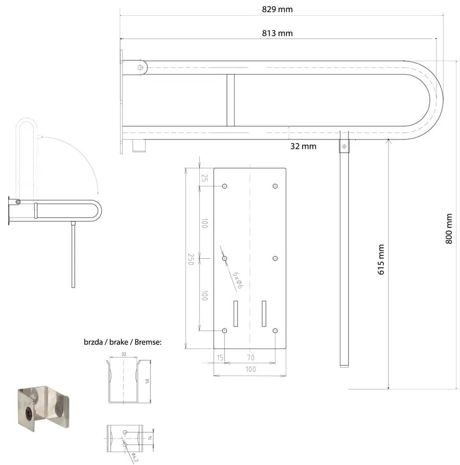 Uchwyt ścienny ze stali nierdzewnej do łazienki 83 cm Handicap – Sapho