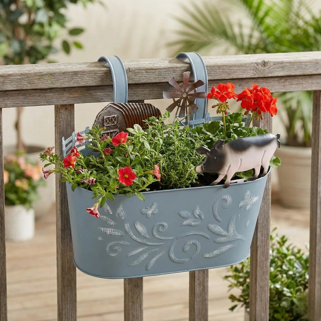 Metalowa osłonka na doniczkę RANCH z motywem zwierząt gospodarskich, 34 cm