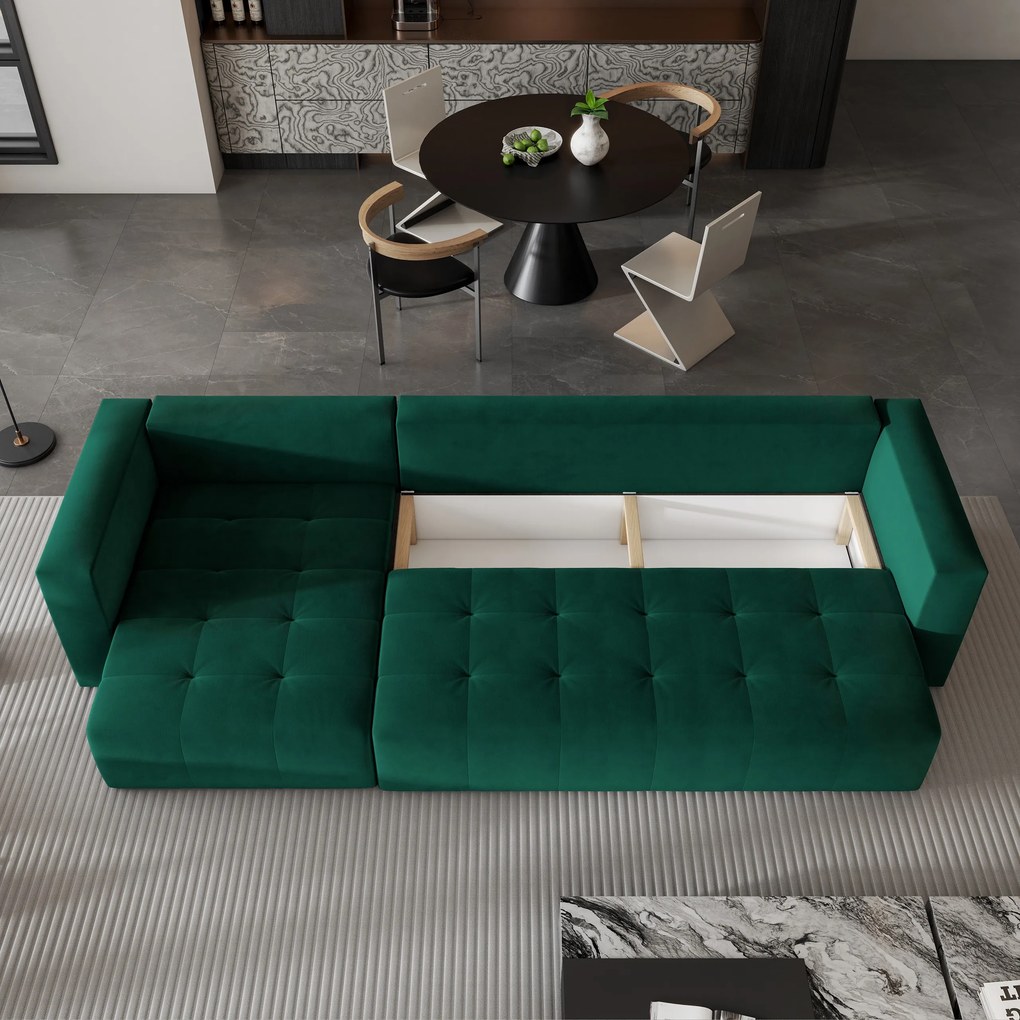 Masseno Narożnik OLVERA z funkcją spania i pojemnikiem na pościel Narozniki L, Rozkładana sofa - Butelkowa zieleń, KRONOS 19