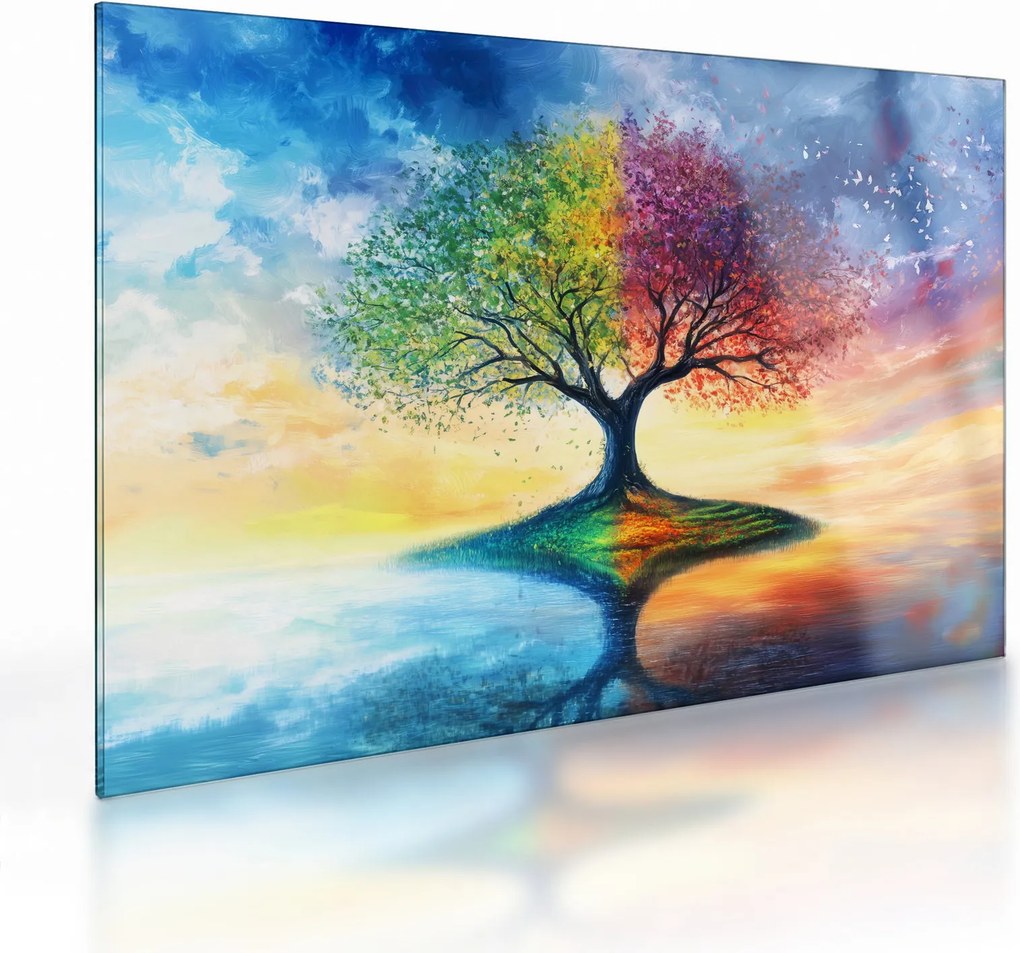 Obraz na szkle – Malowane drzewo czterech pór roku (70x50 cm)