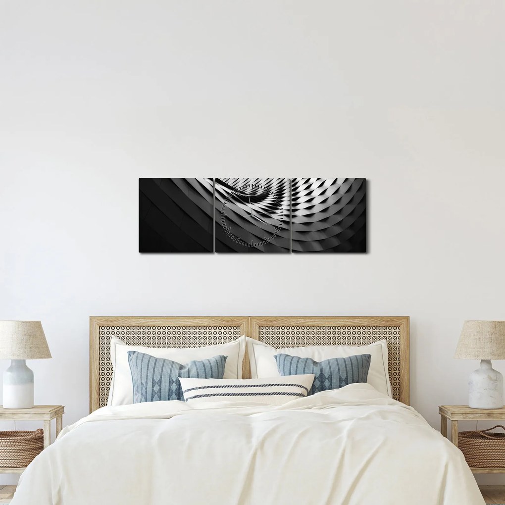 Abstrakcyjny obraz - czarno - biała spirala (z zegarem) (90x30 cm)