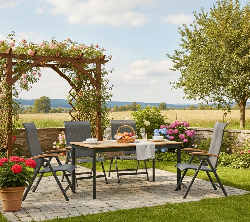 Doppler CONCEPT YELMO FSC® 4+1 - ogrodowy zestaw wypoczynkowy (aluminium/drewno tekowe)