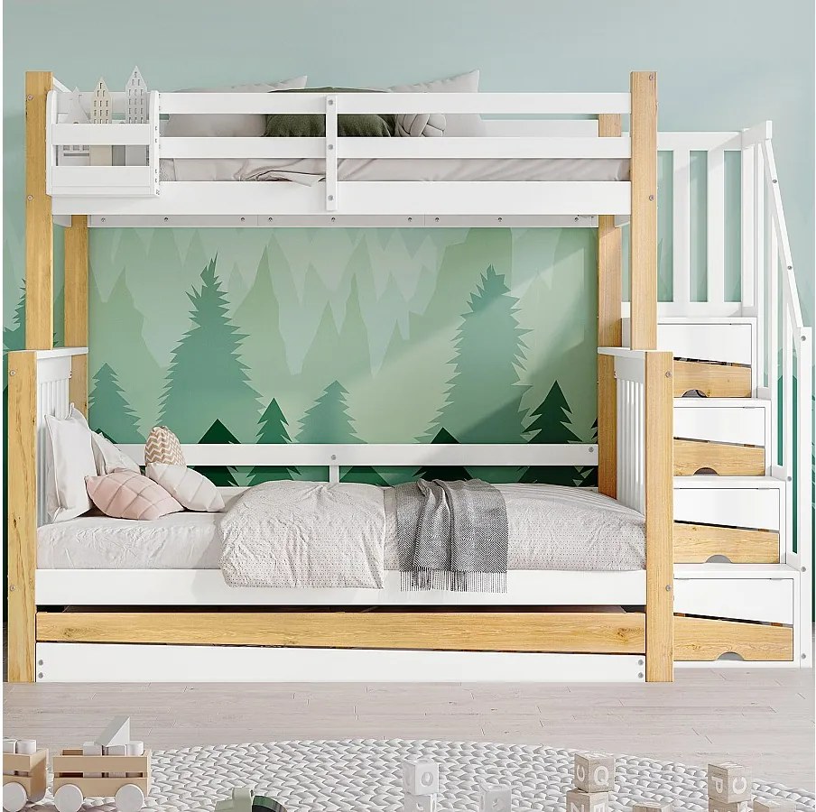 Łóżka piętrowe 120 x 200 cm + 90 x 200 cm z łóżkiem wysuwanym 90 x 190 cm - 4 szuflady i drążki - Drewno lite + MDF - Biały + naturalny