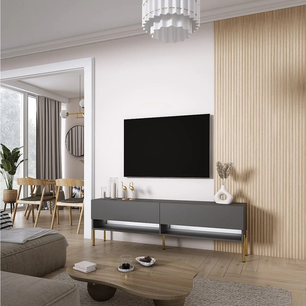 Szafka pod telewizor 170 cm Antracyt, nóżki proste złote, LED biały, 170 × 32 × 52 cm