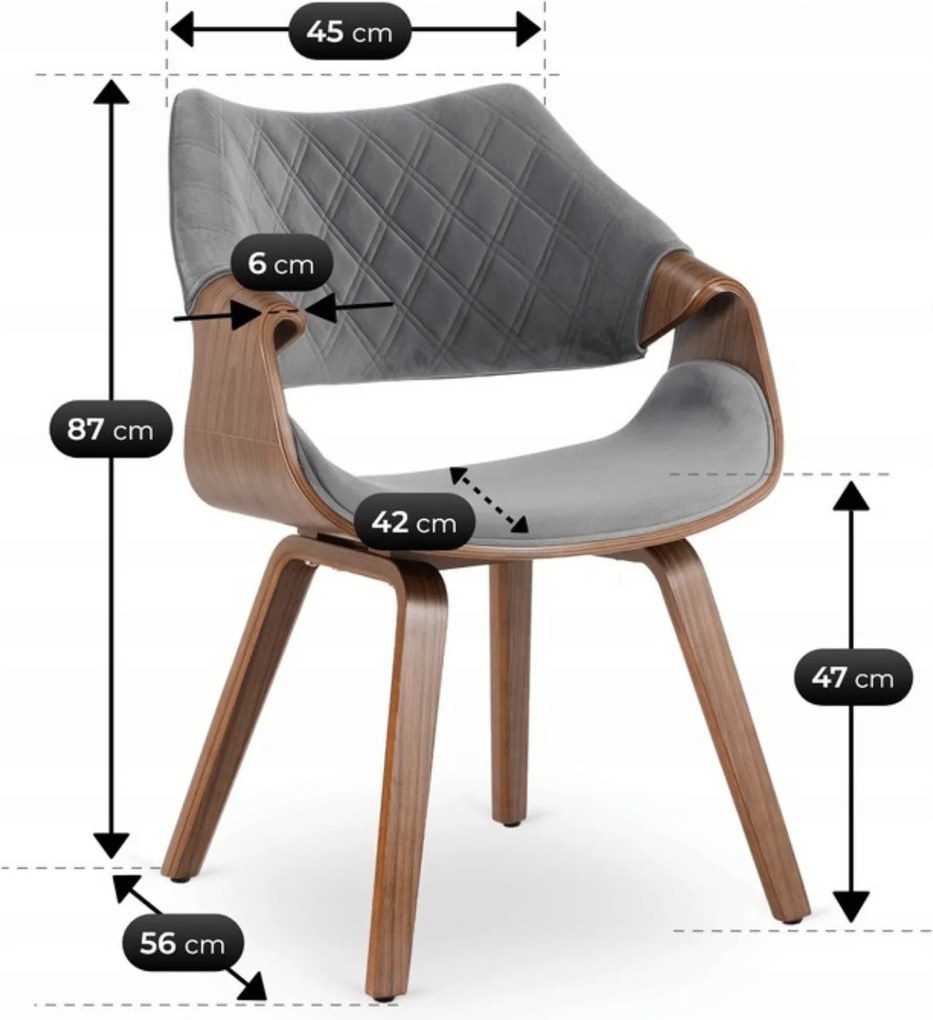 Krzesło Tapicerowane LUISE Szare/Orzech Welurowe Drewno Gięte Nowoczesne Loft