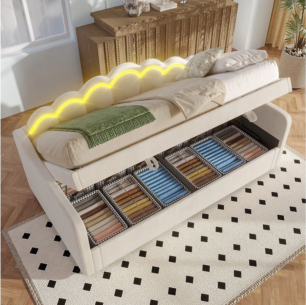 łóżko ze schowkiem - 90 x 200 cm - sofa rozkładana z LED-ami - bez materaca - aksamit + MDF - beż