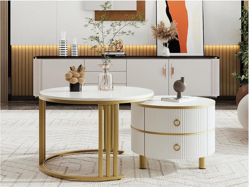 Zestaw 2 stolików kawowych z 2 szufladami - blaty w marmurowy wzór - Złoty i Biały
