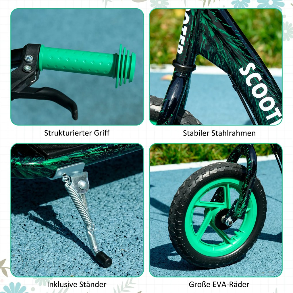 AIYAPLAY hulajnoga dziecięca, regulowana hulajnoga dla dzieci, z hamulcem, podpórką, 2 koła, stal, zielony