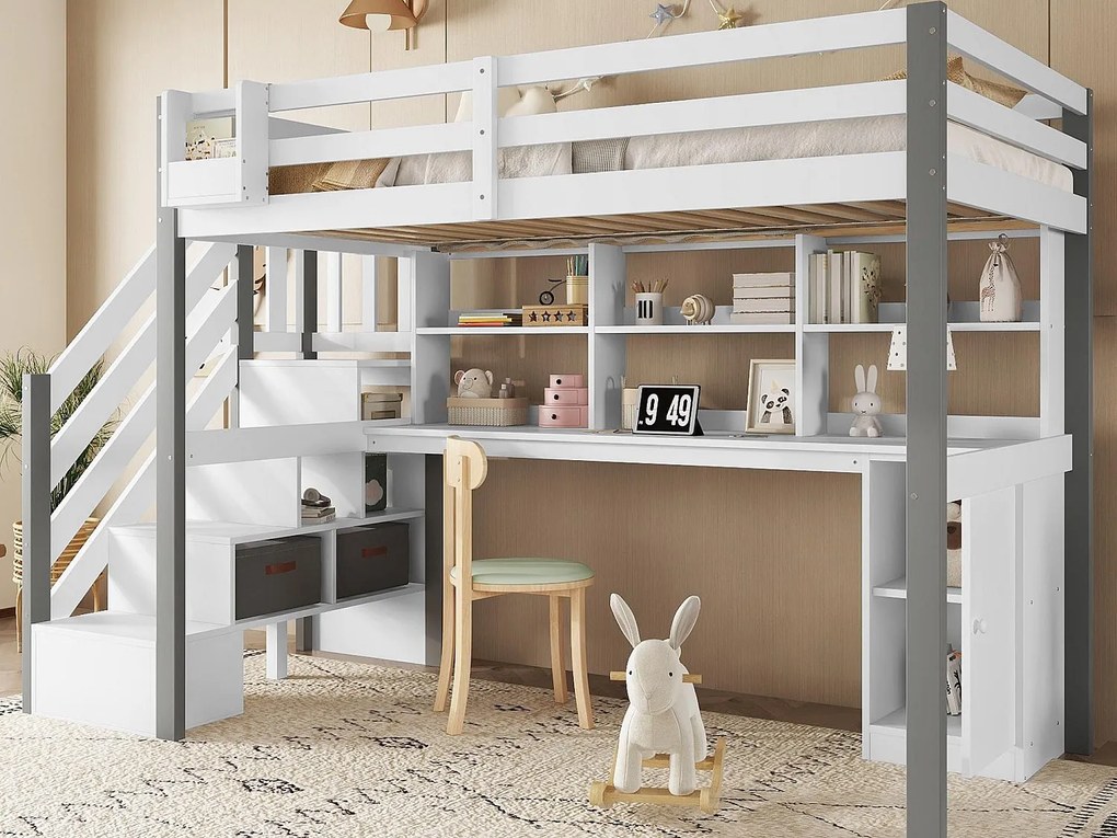 Łóżko antresolowe 90x200 cm - z biurkiem i półkami - bezpieczna drabinka 4-stopniowa - Drewno lite+MDF - Biały + Szary (bez materaca)