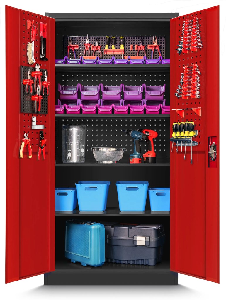 Warsztatowo-narzędziowa szafa metalowa BRUNO, 920 x 1850 x 500 mm, antracytowo-czerwona