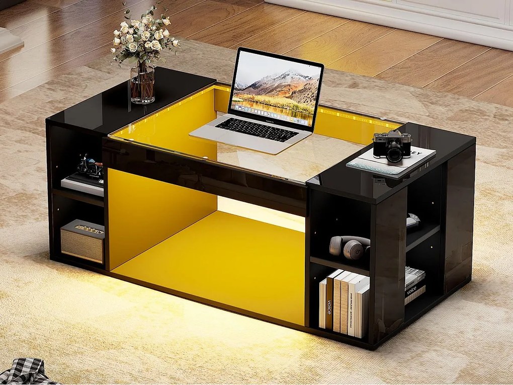 Błyszczący stolik kawowy 100x50x40cm - z oświetleniem LED - Otwarte przechowywanie - Blat hartowanego szkła - MDF - Czarny