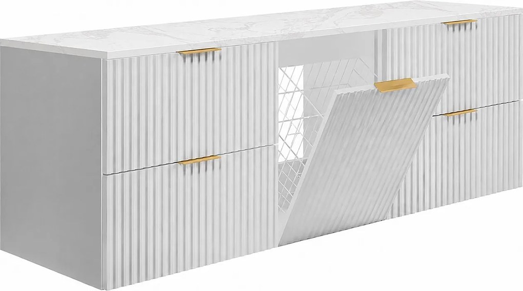 Szafka łazienkowa wisząca pod umywalkę z koszem na pranie, biały / blat marmur bianco, uchwyty złote, 160 x 46 x 57 cm