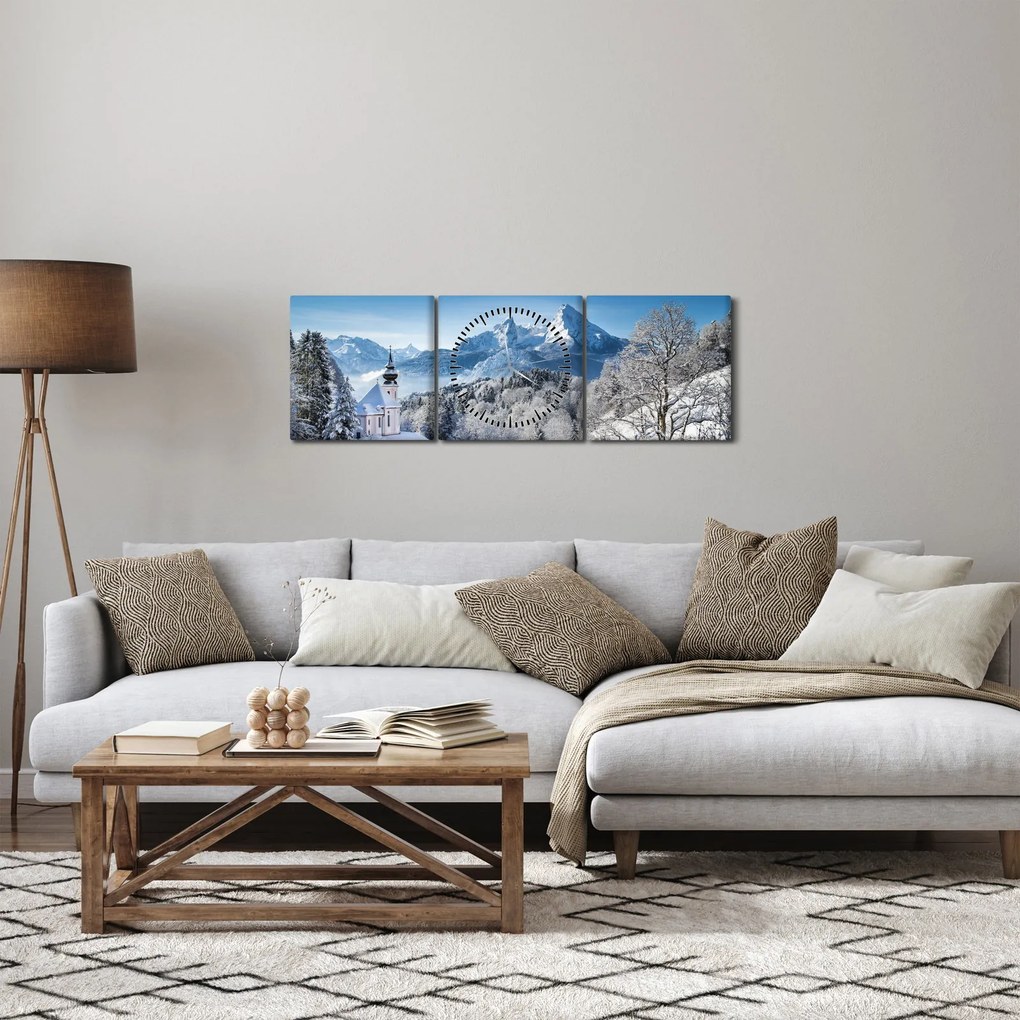 Obraz - Zaśnieżony krajobraz (z zegarem) (90x30 cm)