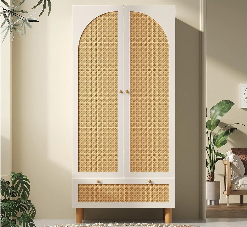 Szafa 85.5x52x180.5cm - Regulowane półki i wieszaki na ubrania - z 2 drzwiami z rattanu i 1 szufladą - styl wiejski - Biały + Naturalny