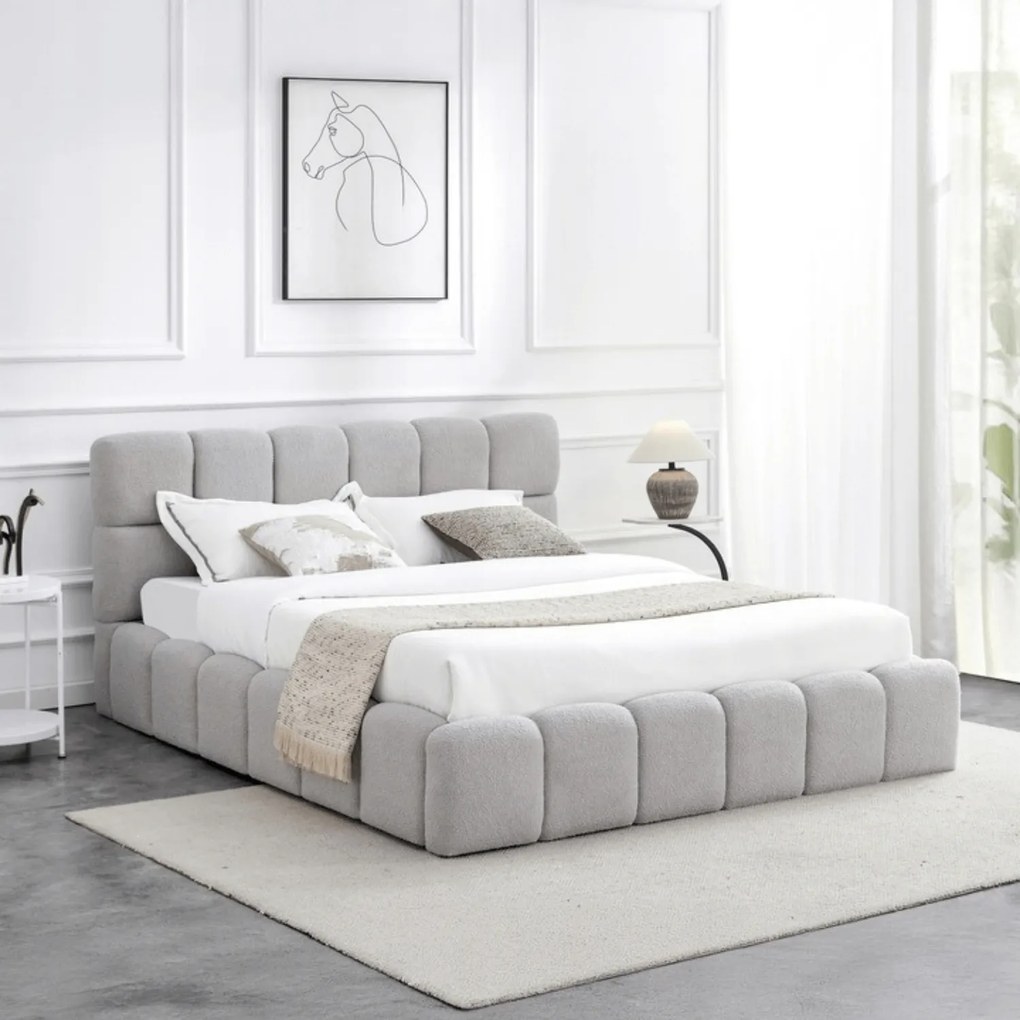 Łóżko Tapicerowane 160x200 cm MURCJA ze Stelażem i Pojemnikiem Dwuosobowe Boucle Szare