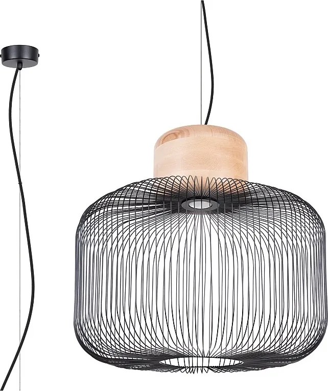 Lampa wisząca industrialny Gabbia, stal/drewno - 1 źródło - L.55 x H.201 cm - czarny/naturalne drewno
