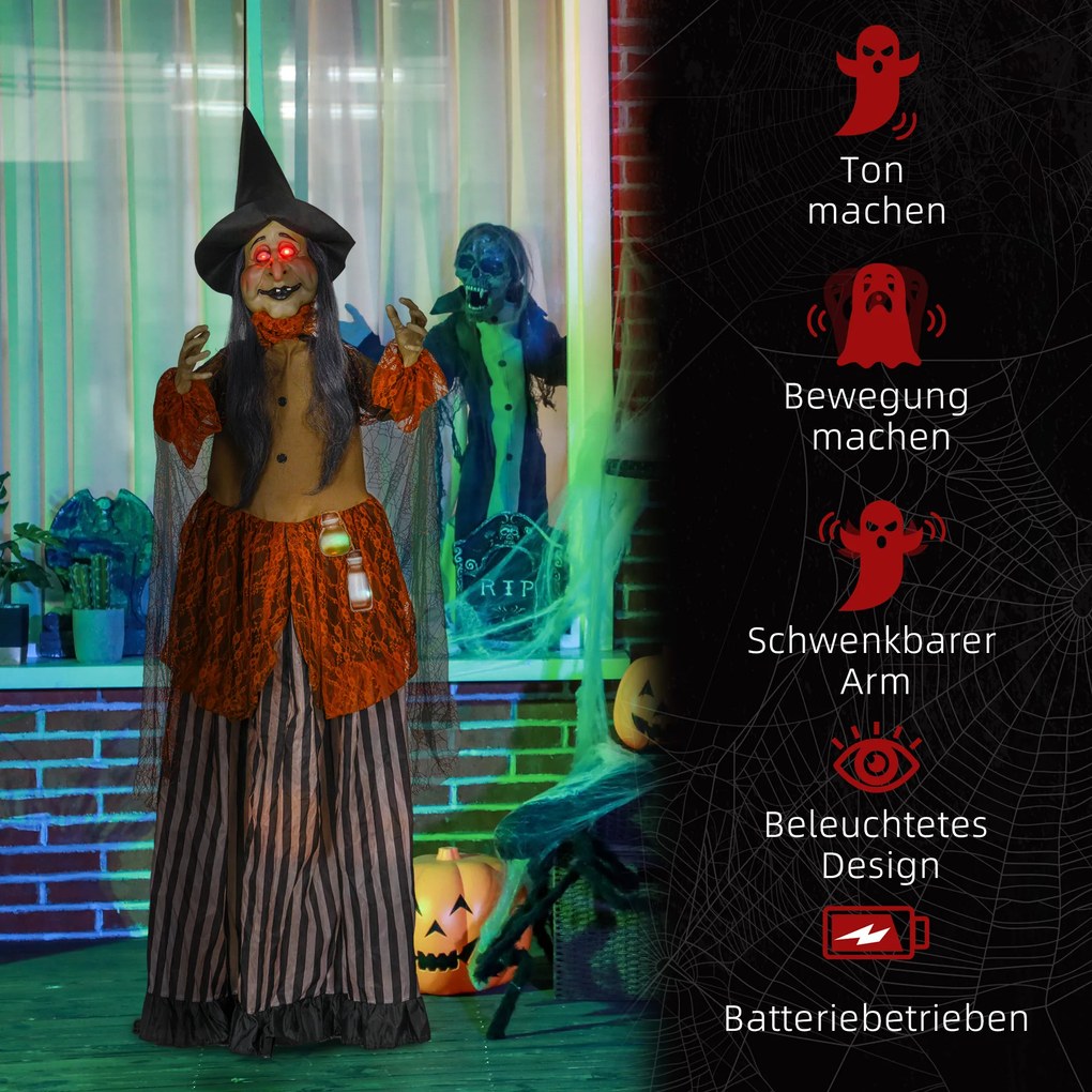 HOMCOM Wiedźma z Miksturą, Dekoracja Halloween, Straszne Dźwięki, Czerwone Oczy, Ruchoma, 183 cm