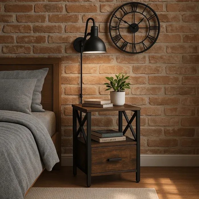 Szafka Nocna do Sypialni LOGAN 40 cm Dąb Rustykalny/Czarny Loft